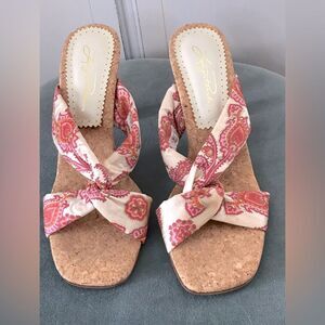 Vintage Cream Pink Orange Silk Leather Sole Y2K 90s Cork Wrapped Sandals 8